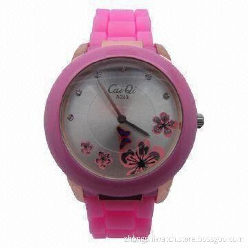 Pink Ladies' Watch with Zinc Alloy Case and Silicone Band, High-quality and 3ATM Waterproof